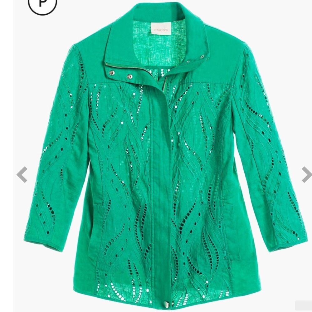 Chico’s women’s green eyelet linen lightweight 3/4 sleeve zip up jacket medium